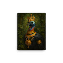 Cassowary as jungle emperor with ceremonial gold canvas print on a plain backdrop in size 12"x16".