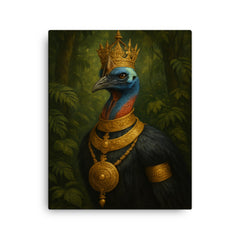 Cassowary as jungle emperor with ceremonial gold canvas print on a plain backdrop in size 16"x20".