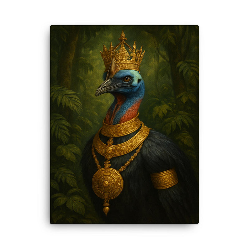 Cassowary as jungle emperor with ceremonial gold canvas print on a plain backdrop in size 18