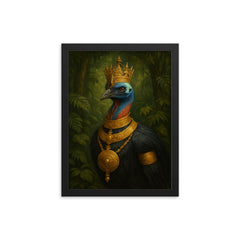 Cassowary as jungle emperor with ceremonial gold framed print on a plain backdrop in size 12"x16".