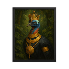 Cassowary as jungle emperor with ceremonial gold framed print on a plain backdrop in size 16"x20".