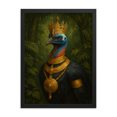Cassowary as jungle emperor with ceremonial gold framed print on a plain backdrop in size 18"x24".