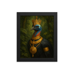 Cassowary as jungle emperor with ceremonial gold framed print on a plain backdrop in size 8"x10".