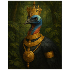 Cassowary as jungle emperor with ceremonial gold jigsaw puzzle