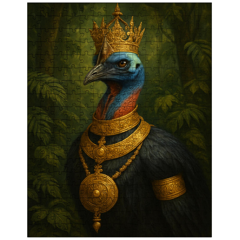 Cassowary as jungle emperor with ceremonial gold jigsaw puzzle