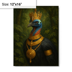 Cassowary as jungle emperor with ceremonial gold metal print on a plain backdrop in size 12"x16".