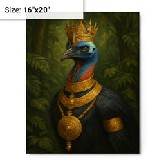 Cassowary as jungle emperor with ceremonial gold metal print on a plain backdrop in size 16"x20".