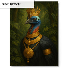 Cassowary as jungle emperor with ceremonial gold metal print on a plain backdrop in size 18"x24".