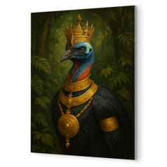 Cassowary as jungle emperor with ceremonial gold metal print mockup