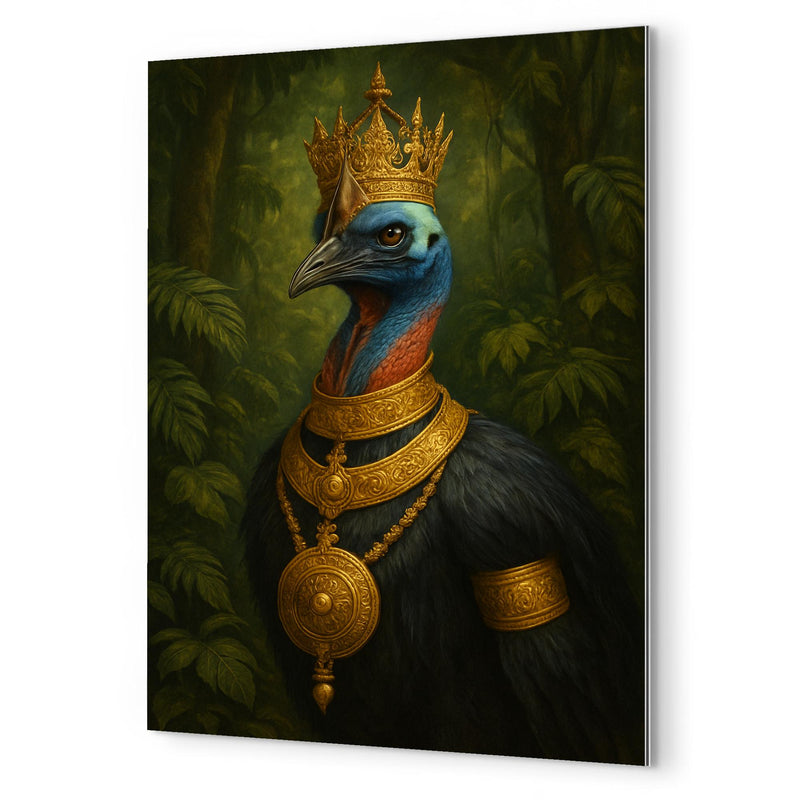 Cassowary as jungle emperor with ceremonial gold metal print mockup