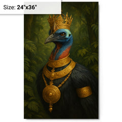 Cassowary as jungle emperor with ceremonial gold metal print on a plain backdrop in size 24"x36".