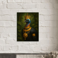 Cassowary as jungle emperor with ceremonial gold metal print mockup