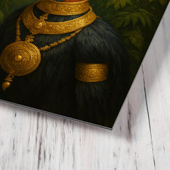 Cassowary as jungle emperor with ceremonial gold metal print mockup