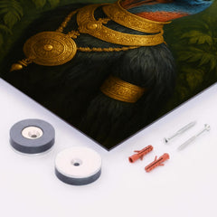 Cassowary as jungle emperor with ceremonial gold metal print mockup