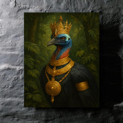 Cassowary as jungle emperor with ceremonial gold metal print mockup