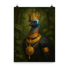 Cassowary as jungle emperor with ceremonial gold poster on a plain backdrop in size 8"x10".