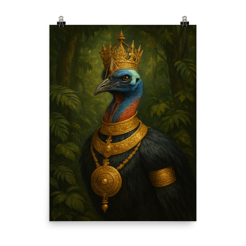 Cassowary as jungle emperor with ceremonial gold poster on a plain backdrop in size 8