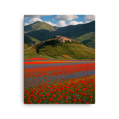 Castelluccio di Norcia and Piano Grande Italy canvas print on a plain backdrop in size 16"x20".