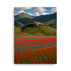 Castelluccio di Norcia and Piano Grande Italy canvas print on a plain backdrop in size 18"x24".