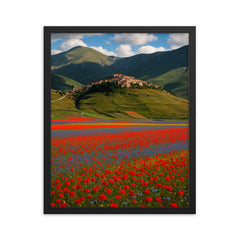 Castelluccio di Norcia and Piano Grande Italy framed print on a plain backdrop in size 16"x20".