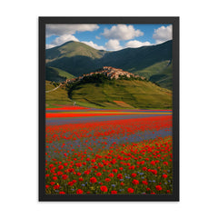 Castelluccio di Norcia and Piano Grande Italy framed print on a plain backdrop in size 18"x24".