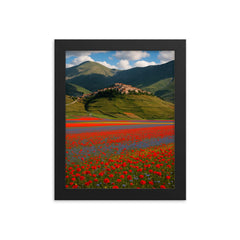 Castelluccio di Norcia and Piano Grande Italy framed print on a plain backdrop in size 8"x10".