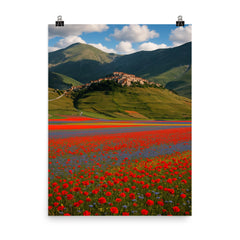 Castelluccio di Norcia and Piano Grande Italy poster on a plain backdrop in size 8"x10".