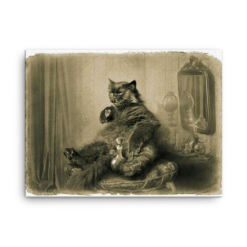 Cat Contemplating Responsibilities canvas print on a plain backdrop in size 18