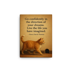 cat walking to mouse hole thoreau quote dreams canvas print on a plain backdrop in size 12"x16".