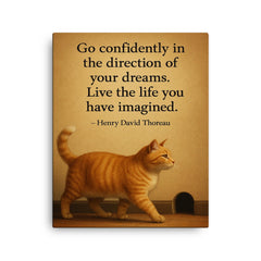 cat walking to mouse hole thoreau quote dreams canvas print on a plain backdrop in size 16"x20".