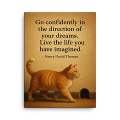 cat walking to mouse hole thoreau quote dreams canvas print on a plain backdrop in size 18"x24".