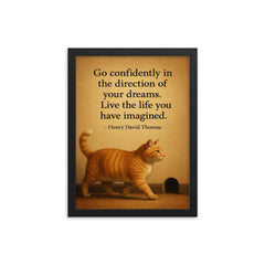 cat walking to mouse hole thoreau quote dreams framed print on a plain backdrop in size 12"x16".