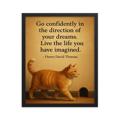 cat walking to mouse hole thoreau quote dreams framed print on a plain backdrop in size 16"x20".