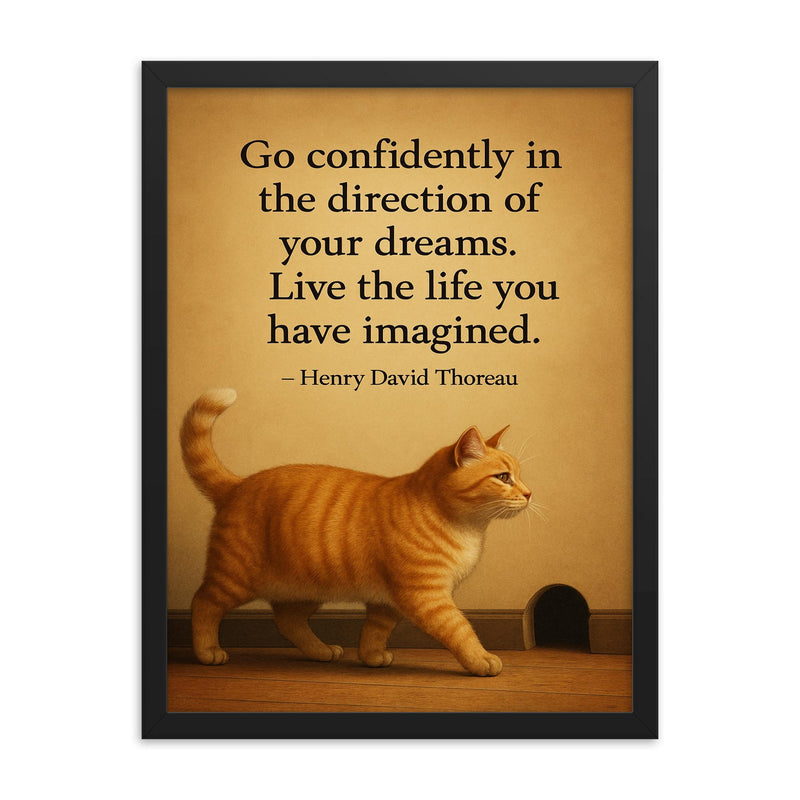 cat walking to mouse hole thoreau quote dreams framed print on a plain backdrop in size 18