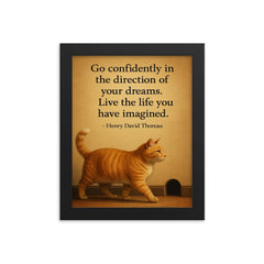 cat walking to mouse hole thoreau quote dreams framed print on a plain backdrop in size 8"x10".
