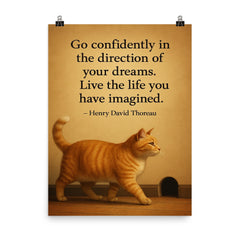 cat walking to mouse hole thoreau quote dreams poster on a plain backdrop in size 8"x10".