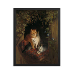 Cat with Kittens by Henriette Ronner-Knip, 1844 framed print on a plain backdrop in size 16"x20".