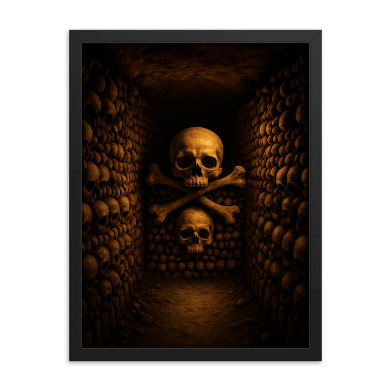 Catacombs of Paris framed print on a plain backdrop in size 18