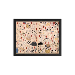 Cats Suggested as The Fifty Three Stations of the Tokaido by Utagawa Kuniyoshi, 1850 framed print on a plain backdrop in size 12"x16".