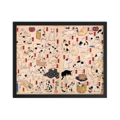 Cats Suggested as The Fifty Three Stations of the Tokaido by Utagawa Kuniyoshi, 1850 framed print on a plain backdrop in size 16"x20".