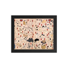 Cats Suggested as The Fifty Three Stations of the Tokaido by Utagawa Kuniyoshi, 1850 framed print on a plain backdrop in size 8"x10".