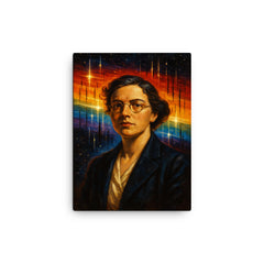 Cecilia Payne with stellar spectra blazing behind her canvas print on a plain backdrop in size 12"x16".