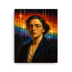 Cecilia Payne with stellar spectra blazing behind her canvas print on a plain backdrop in size 16"x20".