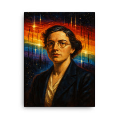 Cecilia Payne with stellar spectra blazing behind her canvas print on a plain backdrop in size 18"x24".