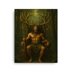 Cernunnos antlered throne in deep forest canvas print on a plain backdrop in size 16"x20".