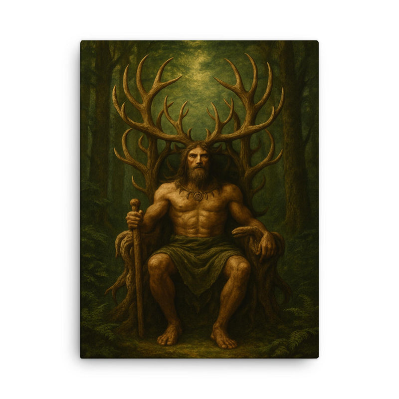 Cernunnos antlered throne in deep forest canvas print on a plain backdrop in size 18