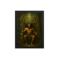 Cernunnos antlered throne in deep forest framed print on a plain backdrop in size 12"x16".