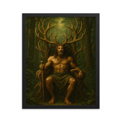 Cernunnos antlered throne in deep forest framed print on a plain backdrop in size 16"x20".
