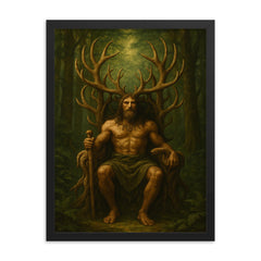 Cernunnos antlered throne in deep forest framed print on a plain backdrop in size 18"x24".