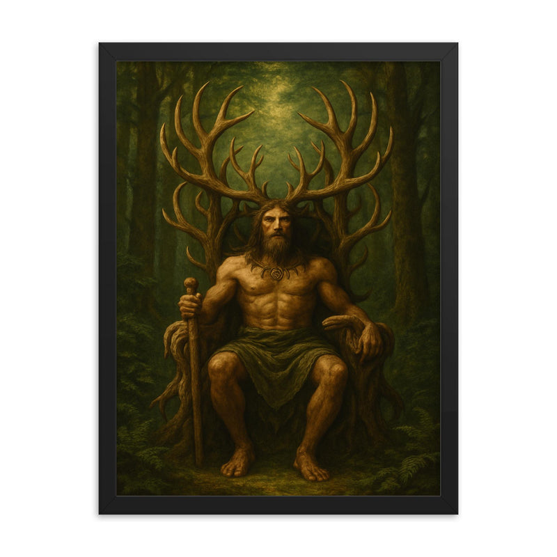 Cernunnos antlered throne in deep forest framed print on a plain backdrop in size 18